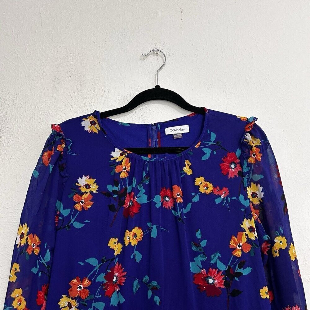 CALVIN KLEIN Bright Blue Multicolor Floral Daisy Shift Dress  Bell Sleeves Sz 10 - Picture 3 of 13